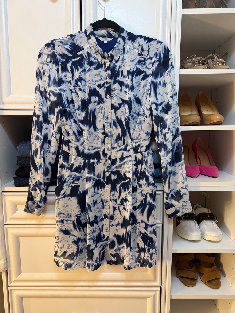 Guess Blue and White Tie-Dye Long Sleeve Shirt Dress